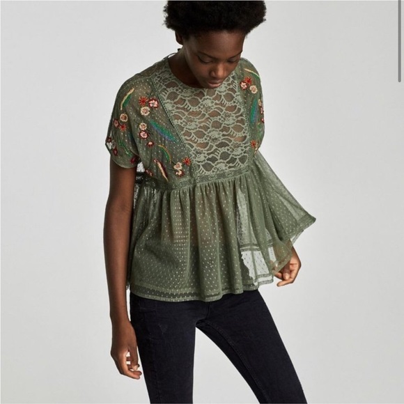 Zara Tops - ZARA lace embroidered sheer floral babydoll top green women’s Medium